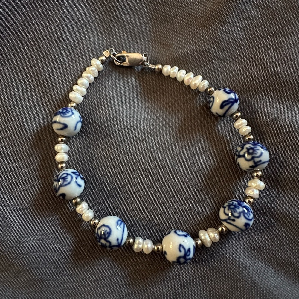 Coastal inspired bracelet with freshwater pearls/hand painted beads/sterling